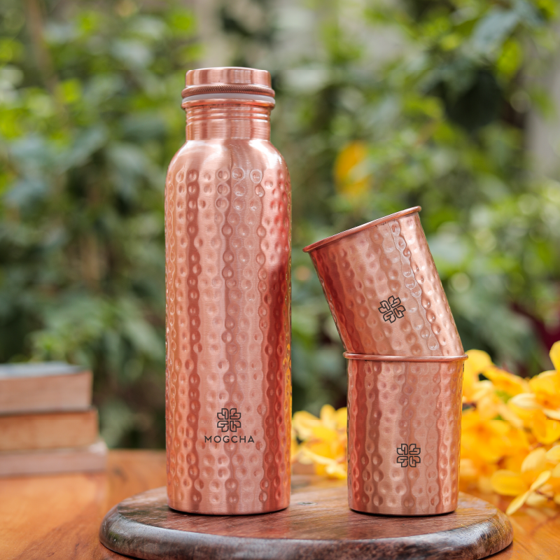 Hammered Pure Copper Bottle Set