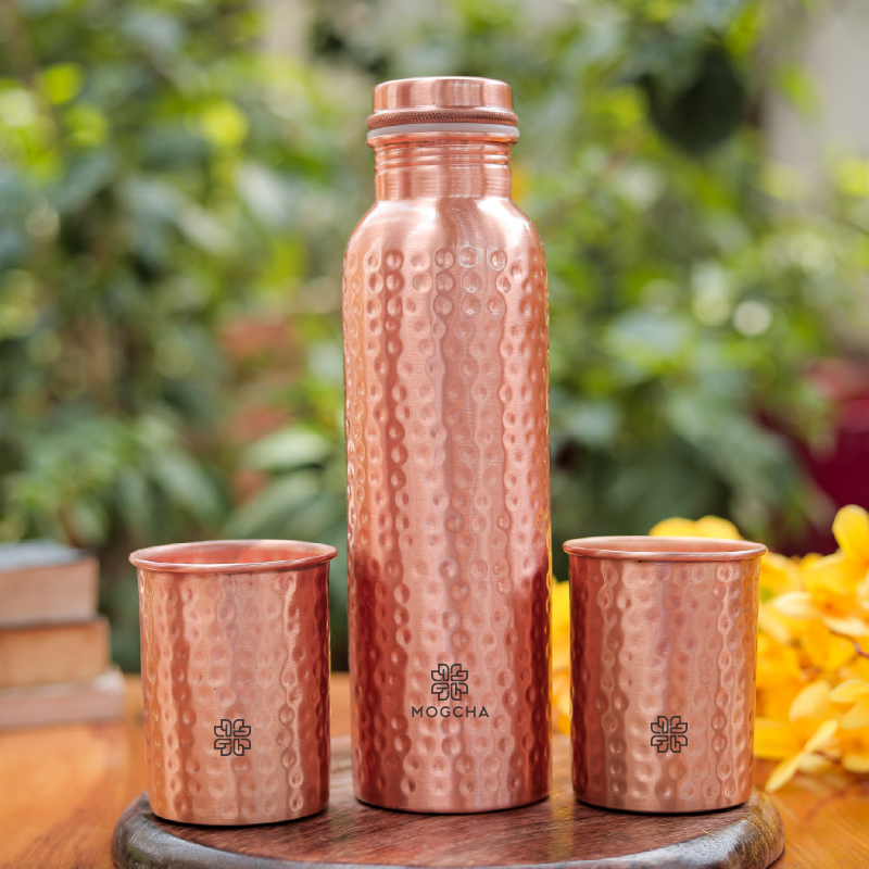Hammered Pure Copper Bottle Set
